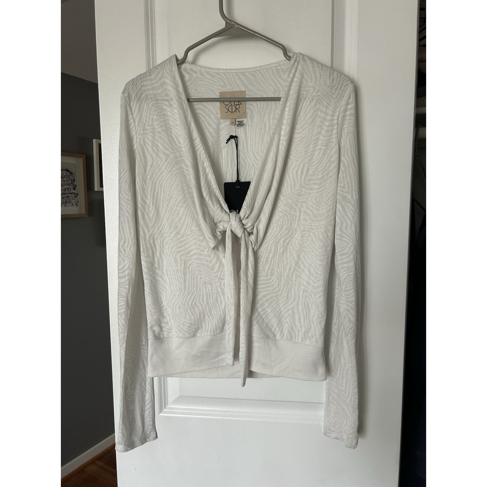 NWT CHASER White Long Sleeve Knit Top Tie Front Size Medium V Neck Sheer